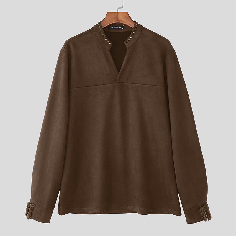 INCERUN Spring Men Stand Neck Long Sleeve Beading Casual Pullover T-shirts Tops