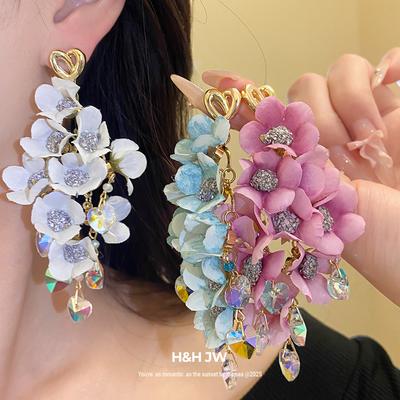 Silver Needle Fabric Flower Fringed Earrings Holiday Style Fashionable Versatile Earrings Fresh and Sweet Earrings Niche High Sense