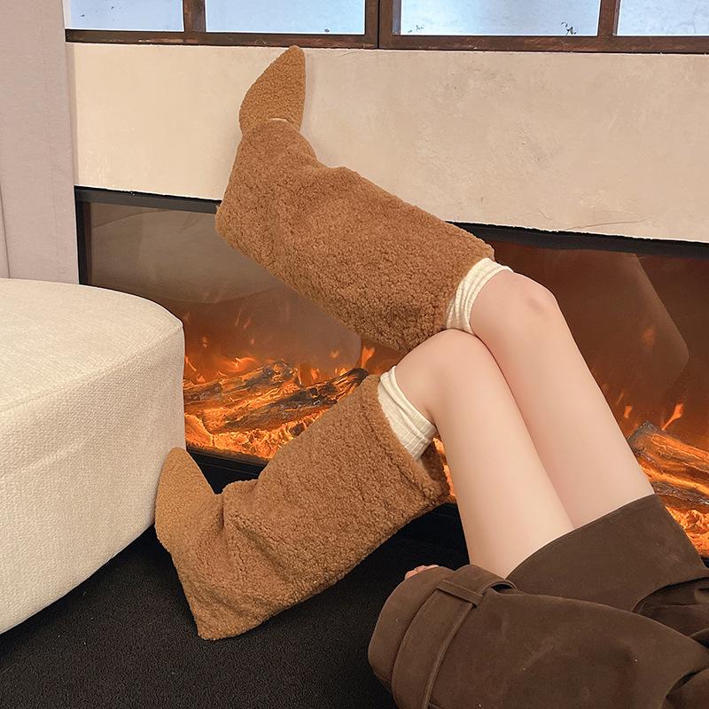 New Boots, Fluffy Boots, High Boots, Fashionable Trouser Tube Boots, Fashionable Wedge Heel, Pointed But Knee Boots