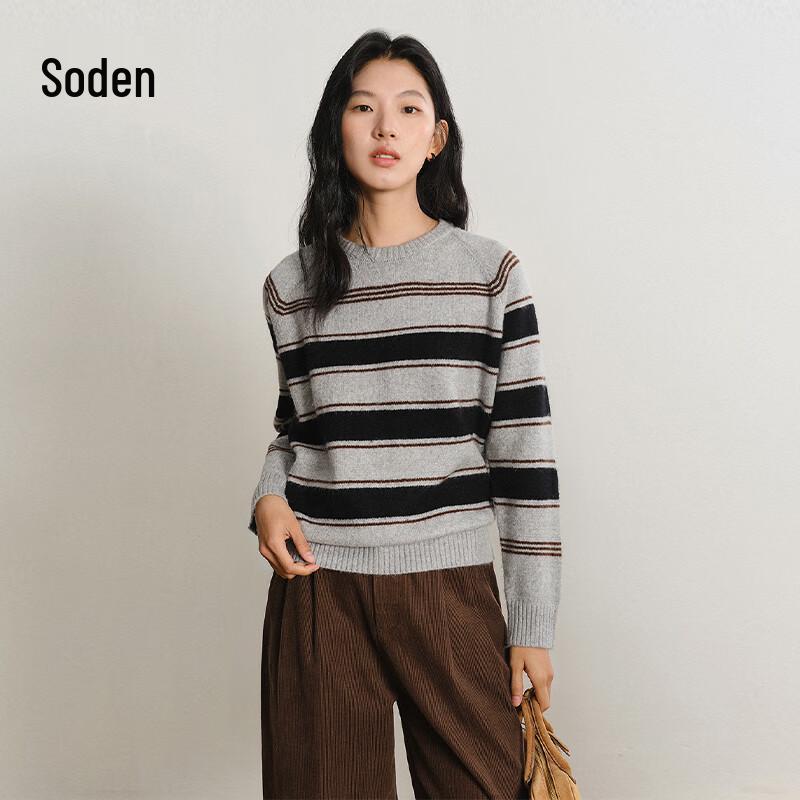 WHIteALLUSION Retro Striped Wool Blend Round Neck Sweater S