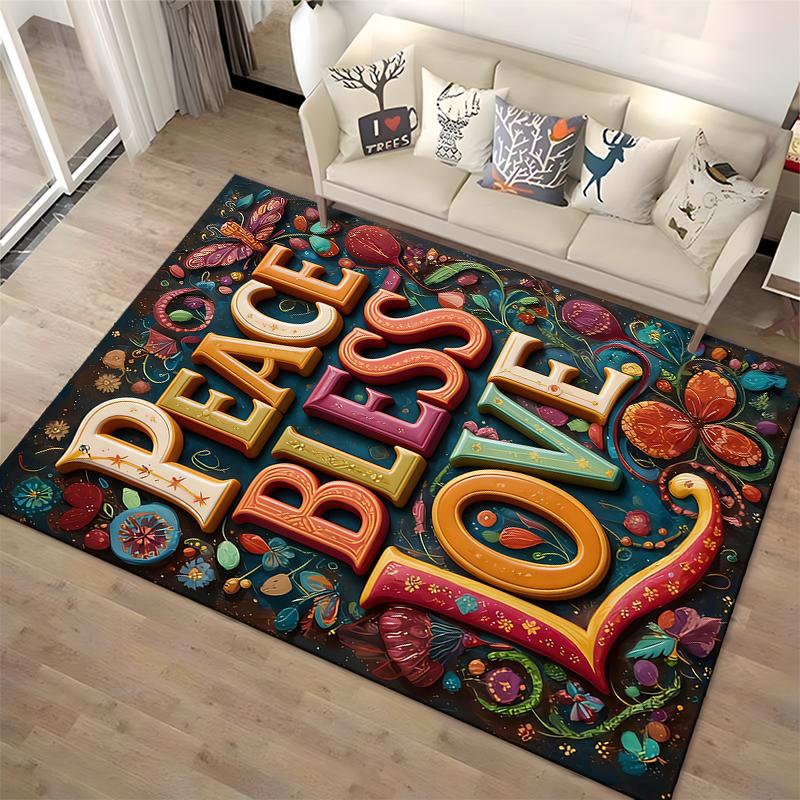 Colorful Carpet with "Peace Bless Love" Text and Floral Design Suitable for Use As an Anti-slip for Living Room Bedroom Sofas