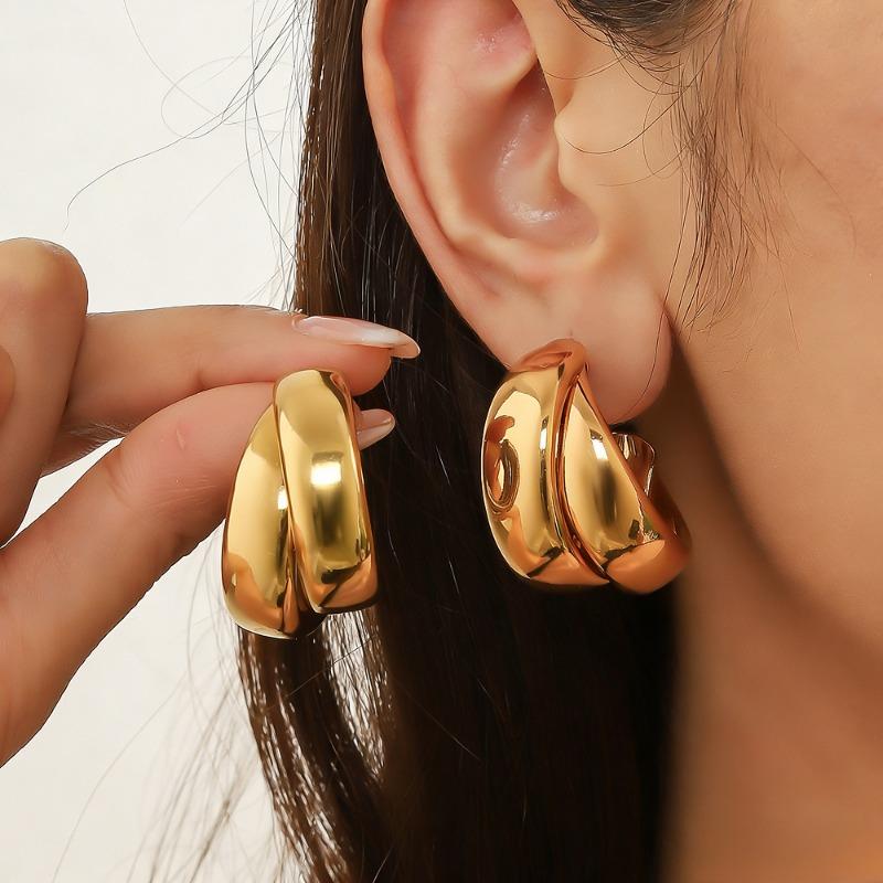 Elegant Double Layer Gold Chunky Hoop Earrings for Women Fashion Exaggerated Smooth C-Shaped Drop Earring Statement Jewelry Gift