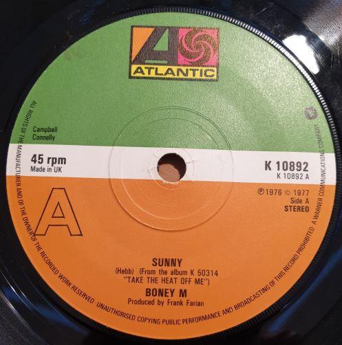 7inch Record BONEY M. - Sunny K10892 Atlantic 1977 UK Soul/Funk Used