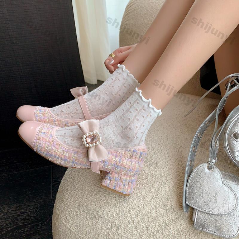 Women's Pink Bow Mary Jane Single-shoe Thick Medium Heel Shoes Princess Elegant High Heel Thick Heel Mary Jane Leather Shoes