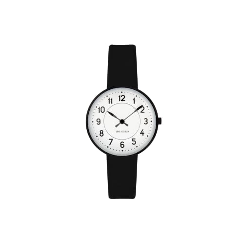 ARNE JACOBSEN STATION 53400-1401B Watch, 30mm, Scandinavian Design, Water Resistant (Quiet Design with No Second Hand), White with Black Leather Strap