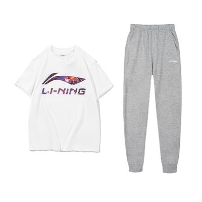 Li Ning Letter Fashion Loose Cotton Soft Comfortable Versatile Round Neck Pullover Short Sleeve T-Shirt Casual Sports Suit AHSS971-3+AKLVB11-1