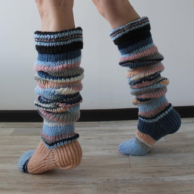Autumn Slouch Crochet Knitting Colorful Striped Thigh High Long Socks for Women