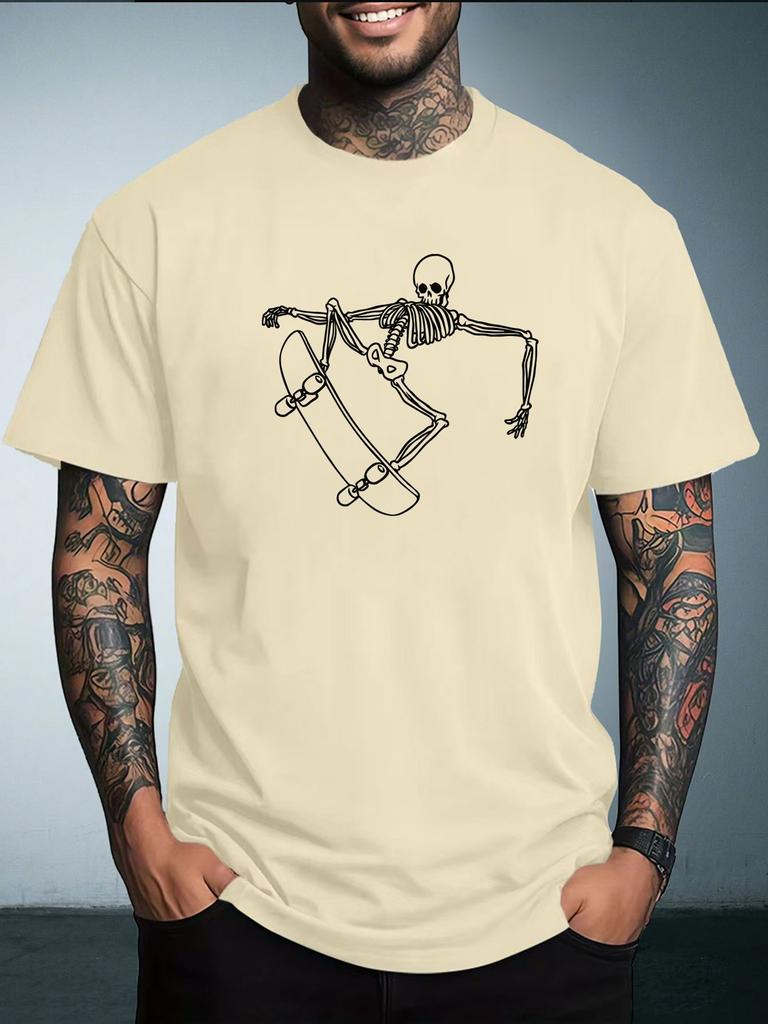 Unisex White Short Sleeve Tee Cool Skateboarding Skeleton Line Graphic Crew Neck Loose Casual Male Street Summer Fashion Tops