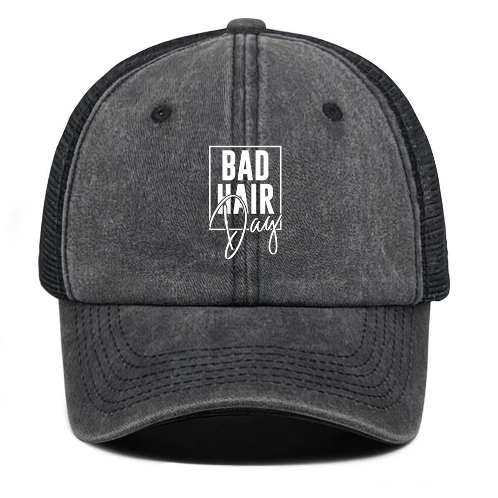 BAD HAIR Day" Print Adjustable Baseball Hat, White Text Dad Hat Unisex Solid Color Summer Polyester Snapback Baseball Cap