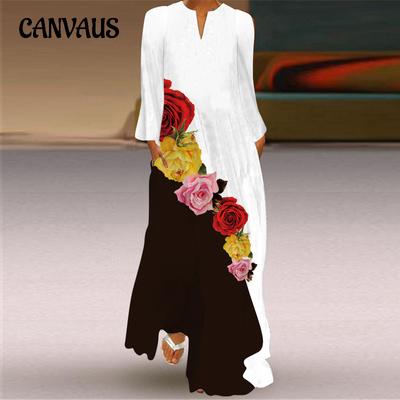 Plus Size Spring and Autumn Women's Retro Butterfly Print Long Dress V-Neck Long Sleeve Plug Pocket Dresses