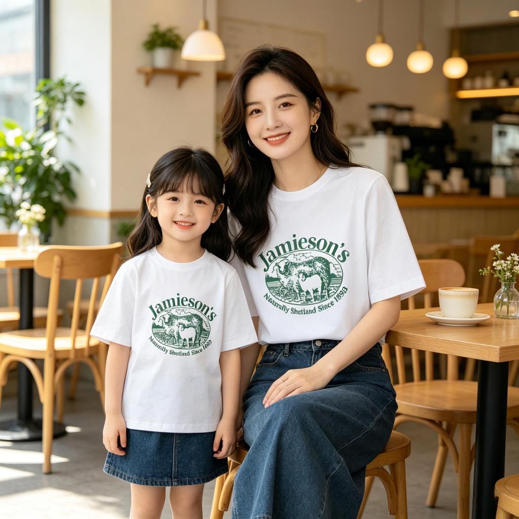 100% Baumwolle Lamm-Print Mutter-Tochter Partnerlook Kurzarm T-Shirt - Rundhals, Lässiges Oberteil