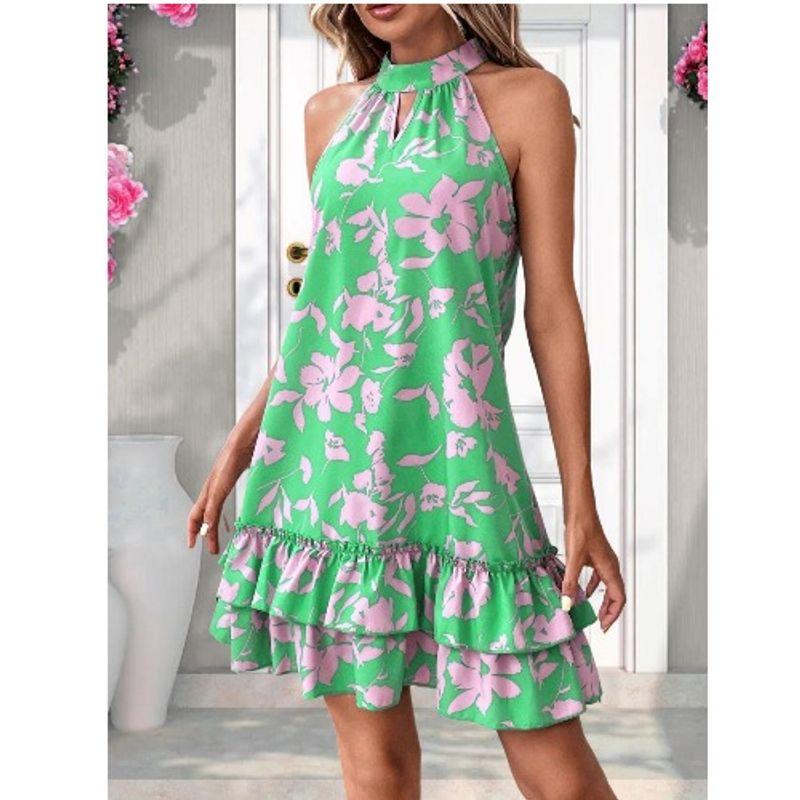 

Fashion Stand Collar Fresh Sweet Stand Collar Print Halterneck Tied Lotus Leaf Sleeveless Dress Short Skirt Dress Green XL