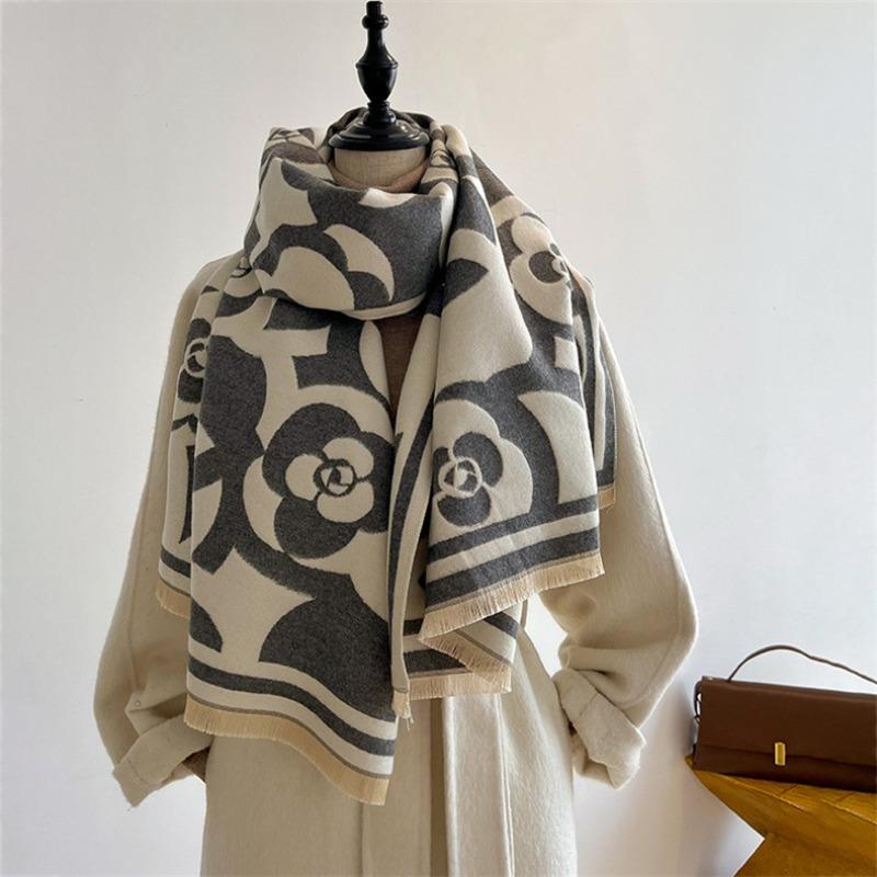 Black and white camellia scarf winter retro fashion versatile imitation cashmere winter scarf warm cashmere shawl