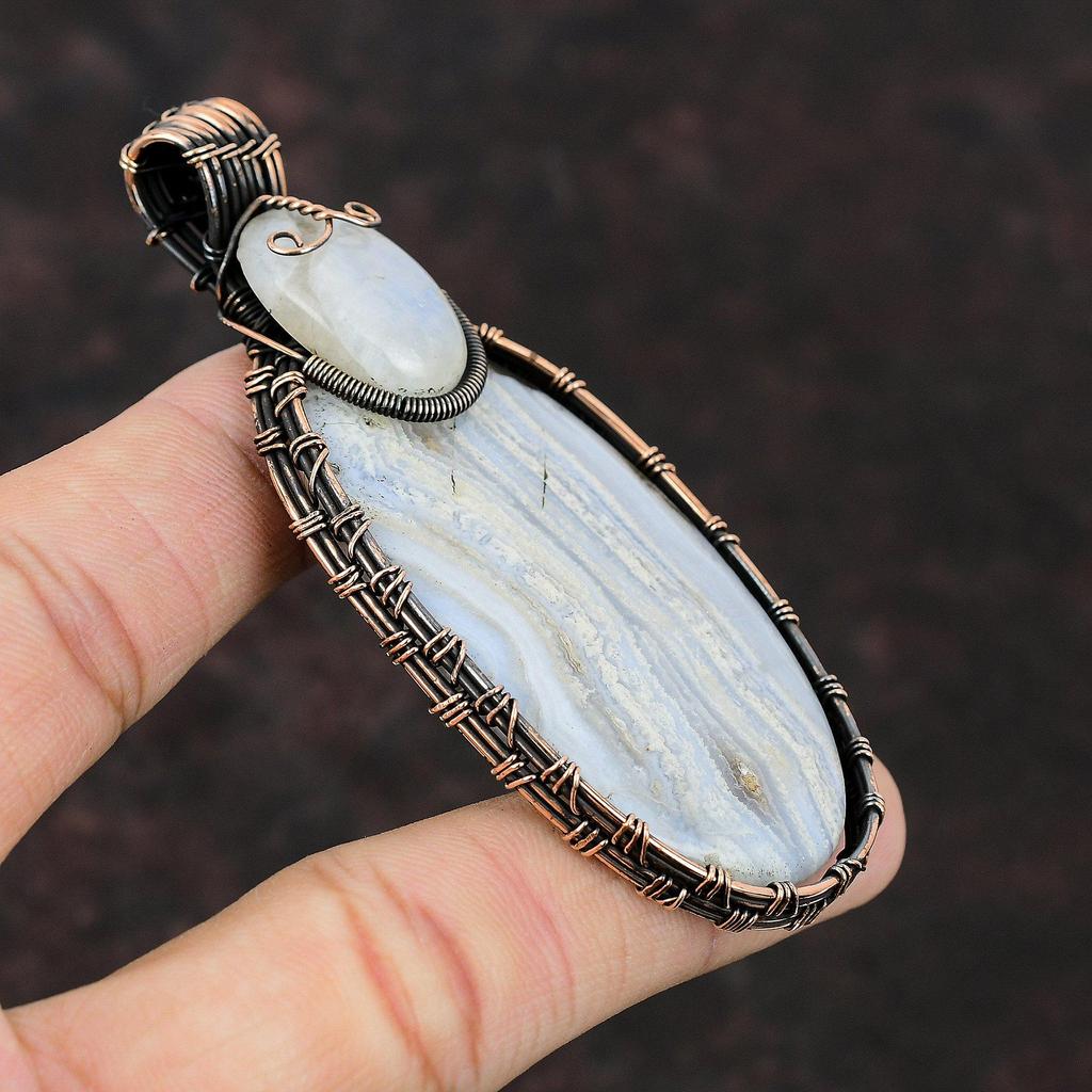 Blue Lace Agate Pendant Rainbow Moonstone Pendant Copper Wire Wrapped Pendant Handmade Jewelry Gemstone Pendant Copper Wire Wrapped Jewelry
