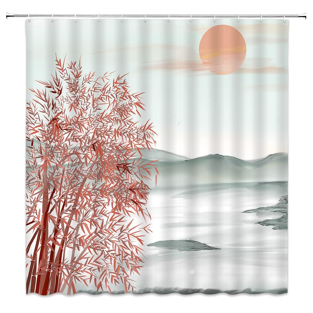 Landscape Shower Curtain Spring Season Pink Flower and Pavilion Scenery on Lake Chinese Style Bathroom Decor Hanging Curtain with Hooks