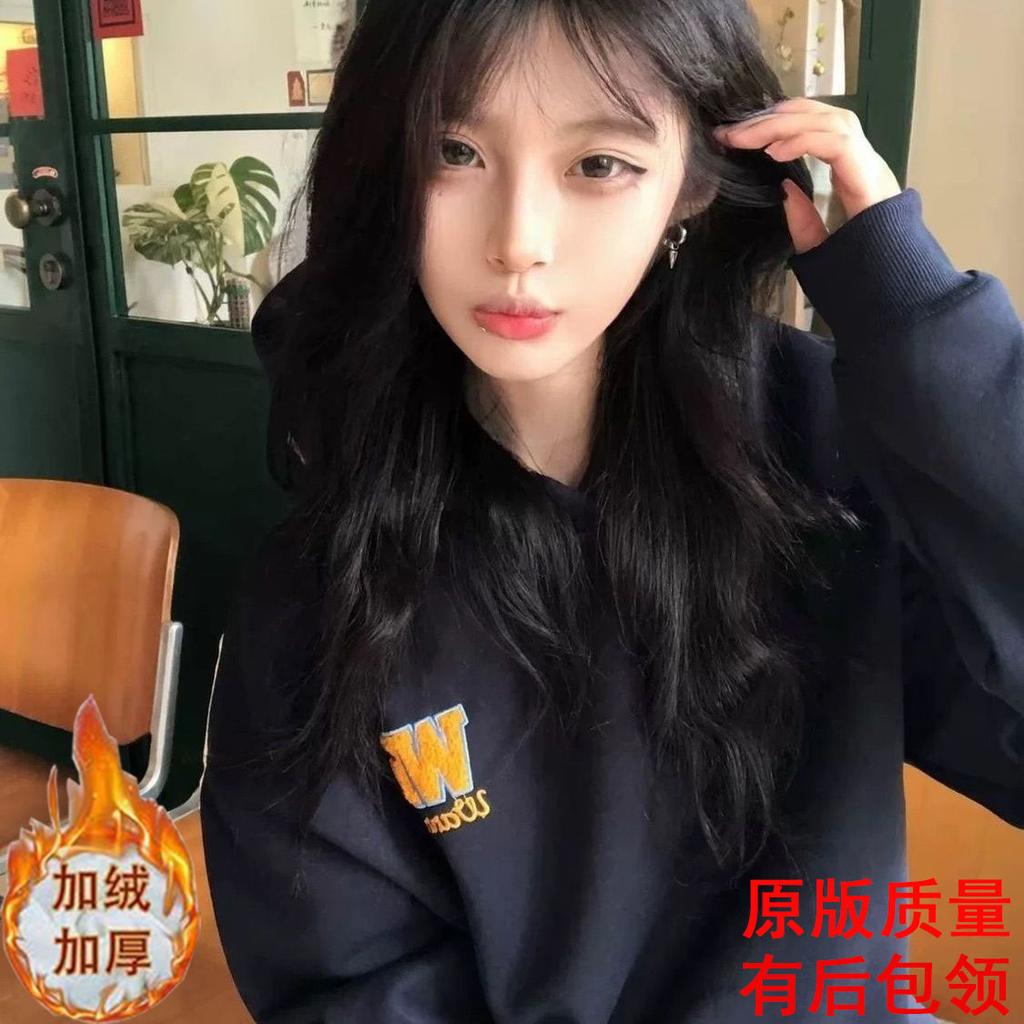 Sense embroidery letters hooded fleece thickened sweater women's 2025 winter Korean version loose ins top tide #2242