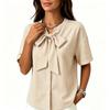 Women Loose Fit Striped Short Sleeve Blouse with Bow Tie Front Casual Relaxed Fit Top for Everyday Wear Office Work