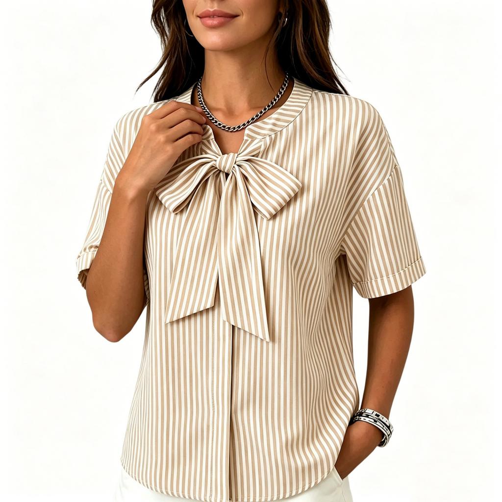 Women Loose Fit Striped Short Sleeve Blouse with Bow Tie Front Casual Relaxed Fit Top for Everyday Wear Office Work