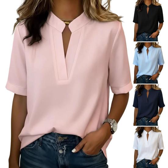 Women Shirt V-neck Open Collar Short Sleeve Loose Fit Casual Tops Pure Color Versatile Style Shirt Summer Work Casual Wear