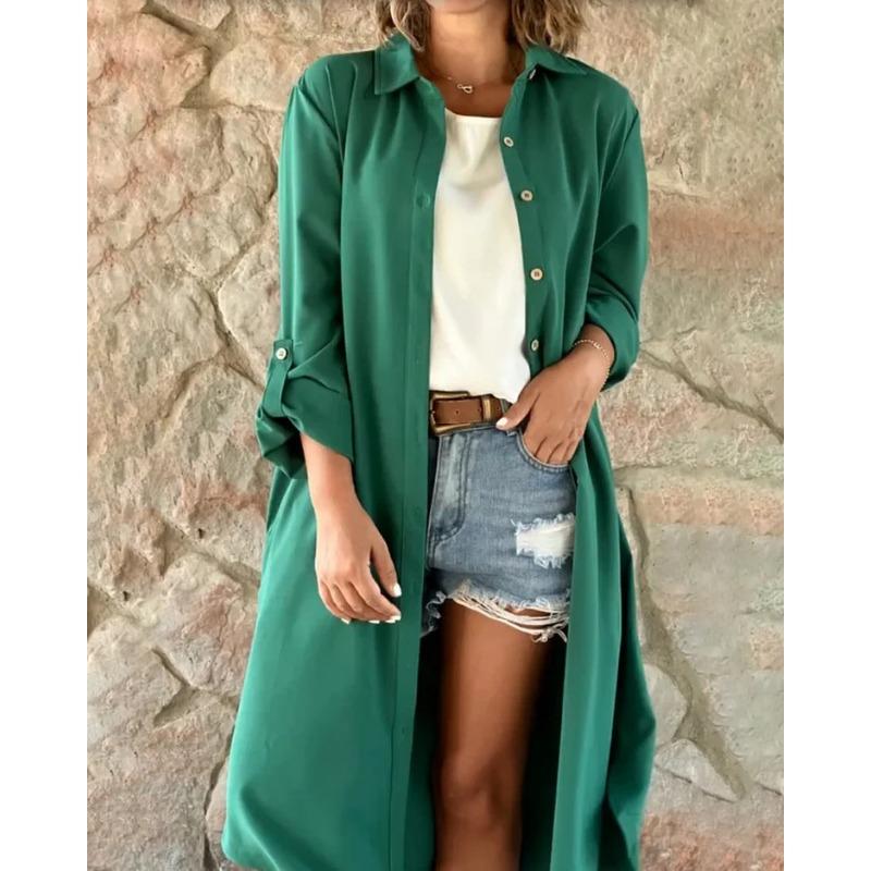 

Женская однотонная свободная повседневная блузка с разрезом на кармане, длинная XXL зелёный
