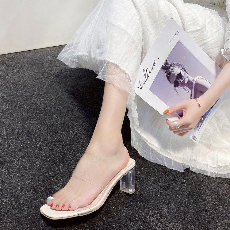 High-heeled Slippers Women's Spring and Summer New Fashion Outer Wear Transparent One-word Slippers Crystal and Semi-cool Slippers