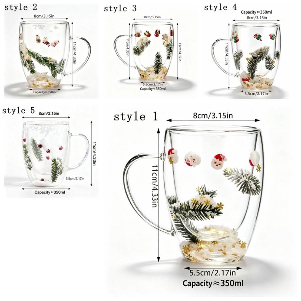 Insulated Double Christmas Glass Cups Exquisite Heat Resistant Beverage Milk Glasses 350ml With Handle Clear Flower Coffee Mug