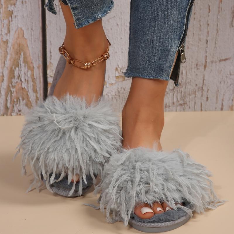 Thicken Warm Long Plush Strap Slides Women 2025 Winter Open Toe Flat Heel Indoor Slippers Soft Sole Faux Fur Slippers