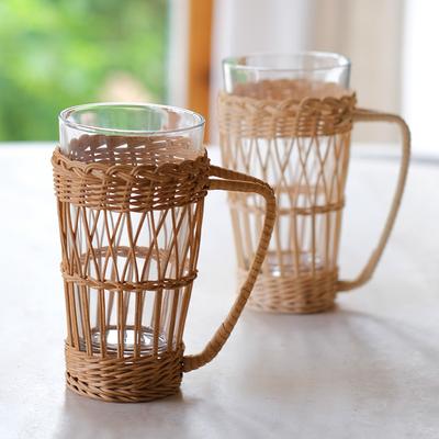 Rattanowy kubek z uchwytem retro szklany tkany kubek gospodarstwa domowego kubek do mleka śniadaniowego izolowany termicznie kubek do wody