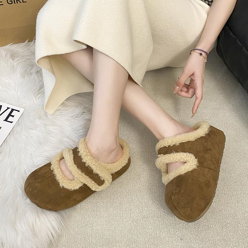 Retro Thick-bottomed Fluffy Slippers for Women's Outer Wear 2025 Winter Velvet Bag Head Half Mop Warm and Non-slip Inner Heightening Cotton Mop