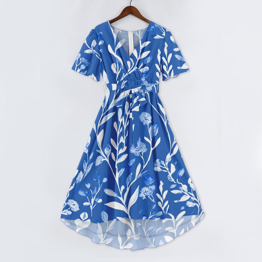 Women's Casual V Neck Short Sleeve Floral Print Dress Midi Length Wrap Style Summer Dress with Adjustable Waist Tie