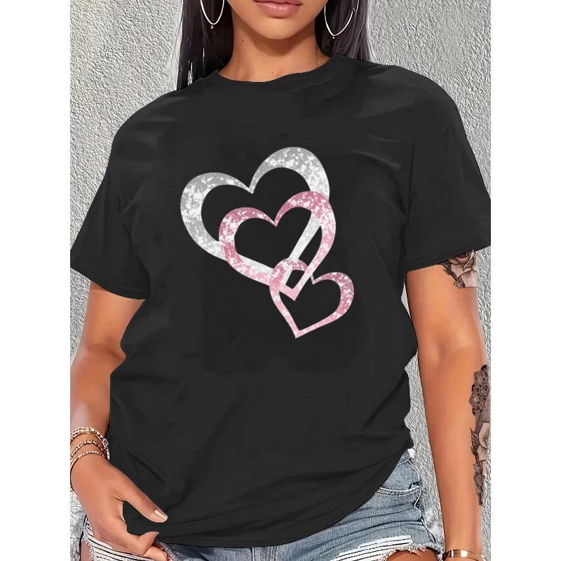 European Size Women'S Short Sleeve T-Shirt, 5 Colors | Sweet Glitter Visual Hearts Graphic Tee, Romantic Love Theme Summer Top