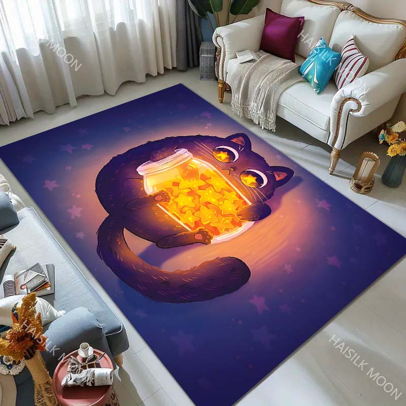 Cartoon Cat and Wishing Bottle Carpet for Living Room Bedroom Bedside Floor Mat Cloakroom Kids Activity Area Rugs Home Decor