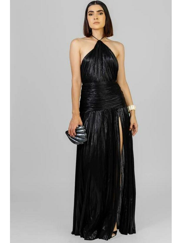 European and American Women's Metallic Pleated Slit Halter Dress Sleeveless Backless Lace-Up 8155