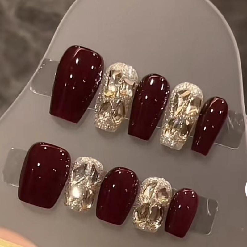 

Ручная работа, носимый винно-красный маникюр с полными бриллиантами, съемные накладные типсы