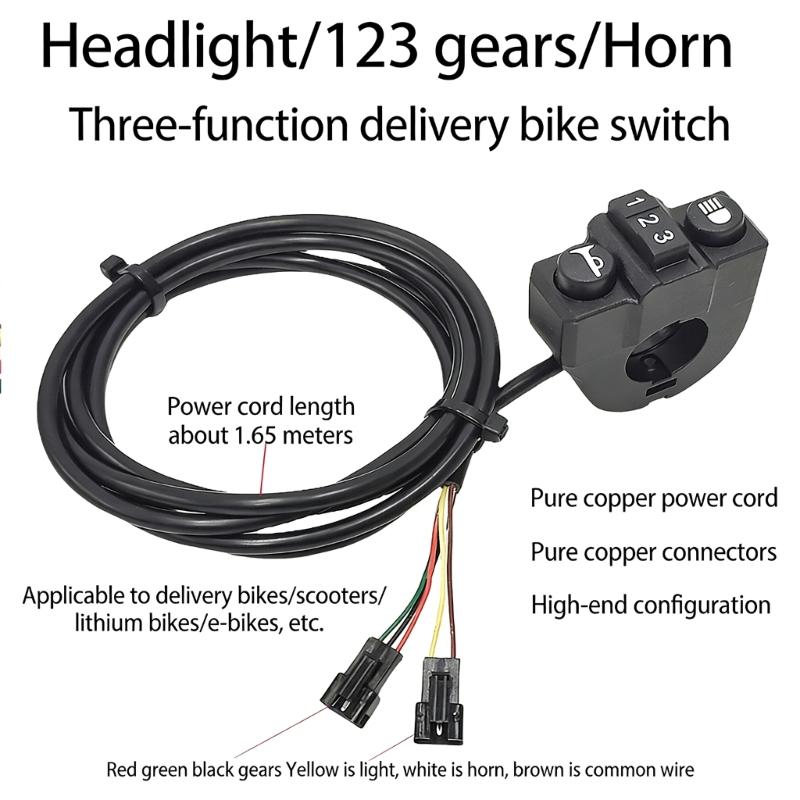Electric Bike Switches With LED Headlights Horn And Speed Control Scooter Switches 3 Speed Controller Extended Power Cord