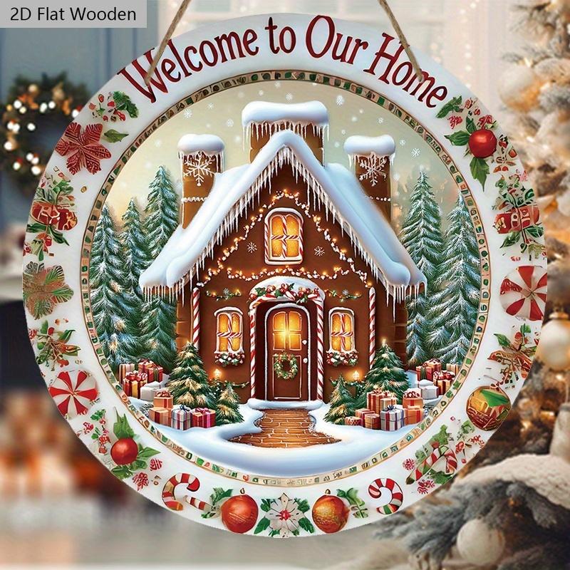 Christmas Wooden Welcome Sign with House Pattern - Navidad Round Sign for Front Door, Wall Hanging Decor - Ideal Christmas Decoration
