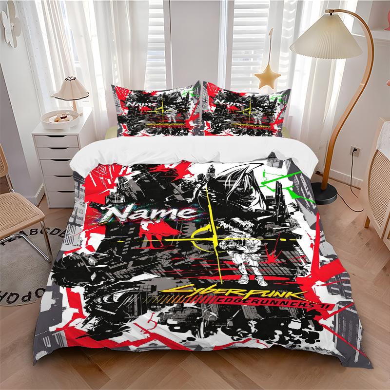 Custom Name Cyberpunk Edgerunners Bedding 3 Piece Set HD Print Duvet Cover Pillowcases for Teens Adult Bedroom Decoration Christmas Gift