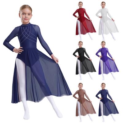 Girls Shiny Rhinestones Leotard Dress Sheer Mesh Patchwork Flowy Split Design Keyhole Back Long Sleeve Dancewear