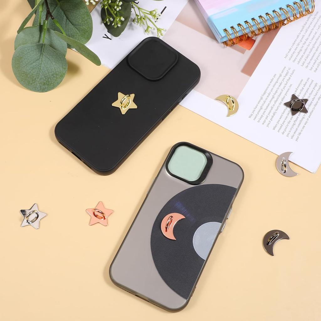8 Pcs Stars Moon Cell Phone Ring Holder Metal Phone Finger Grip Hook Self-Adhesive Phones Grip Loop for Phones Case DIY Hanging Supplies