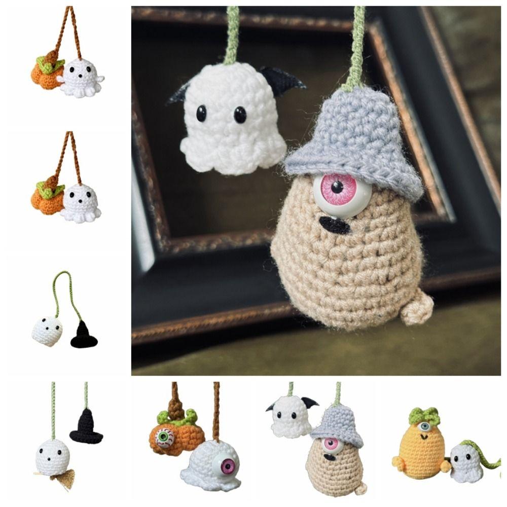 Cute Halloween Ghost Pendant Ghost Shape Crochet Halloween Decorations  Hangings Rear View Mirror