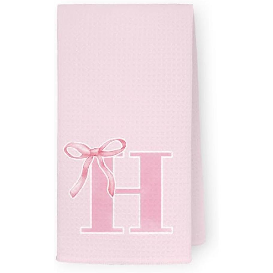 Coquette Pink Bows Personalized Kitchen Towels, Initial K Letter Decor, Pink Monogrammed Hand Towels for Bathroom, Sweet Dish Towels for Kitchen