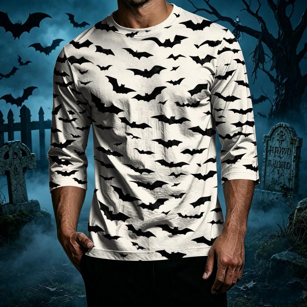 Men Casual Halloween Print Raglan Sleeve T Shirt Crew Neck Three Quarter Sleeve Top Comfortable Fit Lightweight Fabric