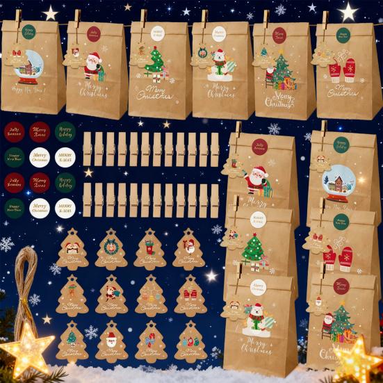 24Pcs/Set Christmas Gift Bag Santa Claus Snowman Deer Pattern Paper Treat Boxes Candy Packaging Festive Goodie Bags Decoration