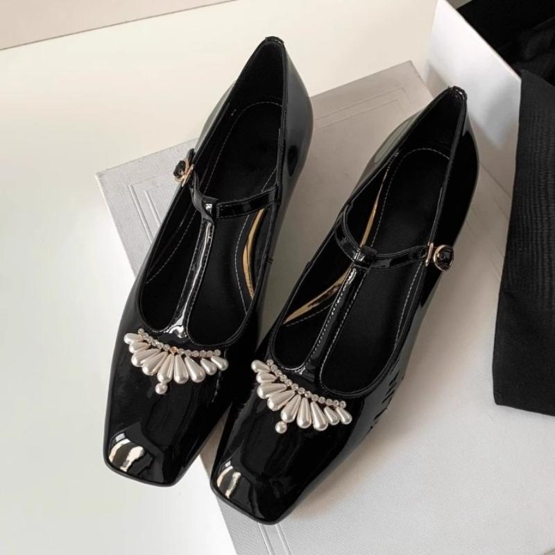 Fashion Elegant String Bead Rhinestone Flat Mary Jane Shoes Women Fashion Square Toe T Strap Brand Designer Shoe Sweet Lolita Dress Shoe