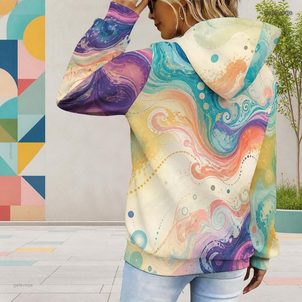 Women Plus Size Colorful Abstract Swirl Printed Long Sleeve Drawstring Hooded Pullover With Kangaroo Pocket