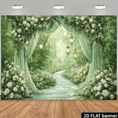2D Green Floral Wedding Backdrop, White Rose Curtain Photo Background Banner