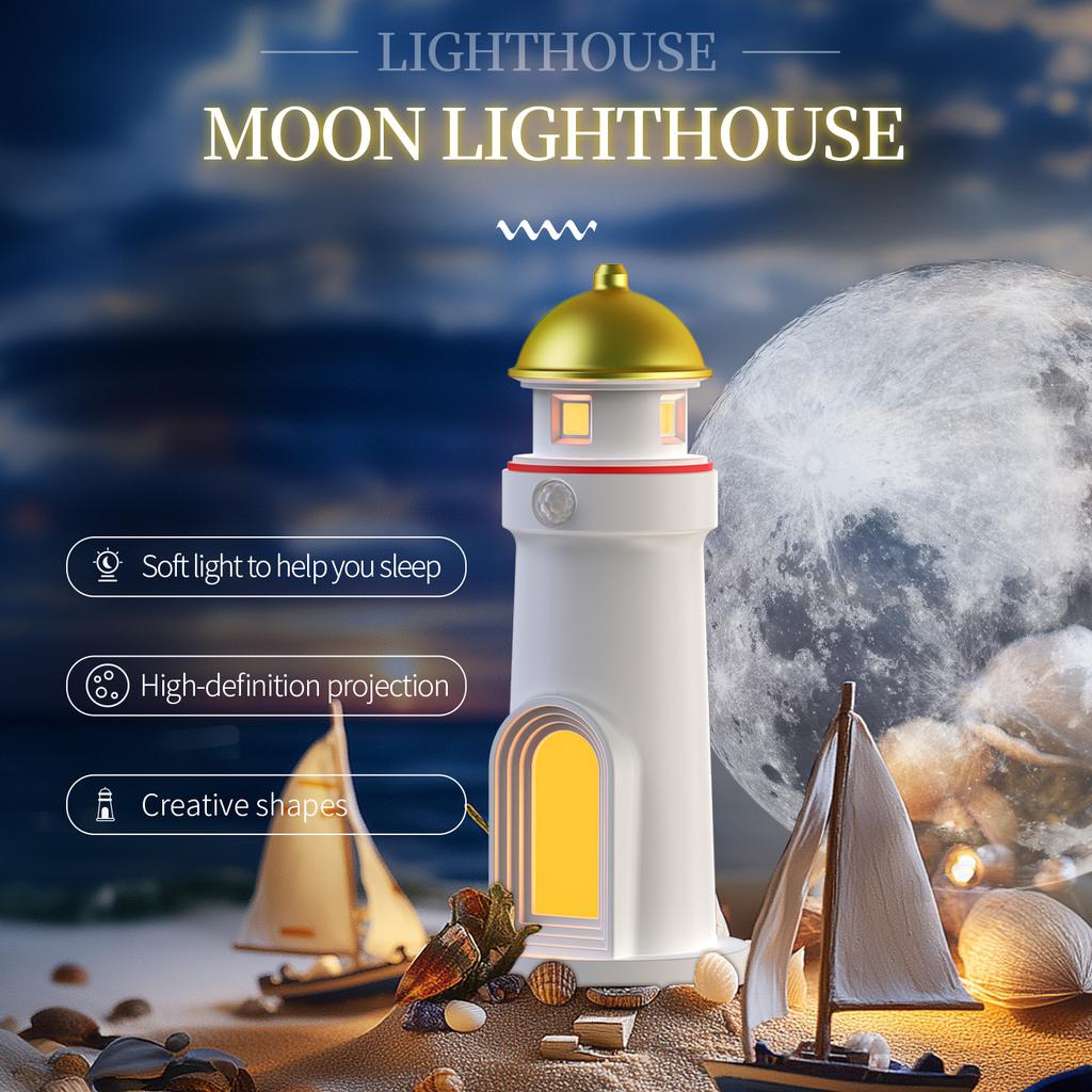 Moonlight Projection Lighthouse Night Light Motion Sensor Dimmable LED Atmosphere Lamp for Bedroom Creative Decor Christmas Gift