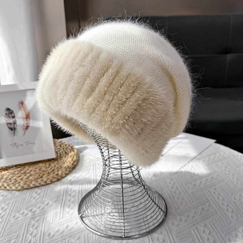 Mink Hair Hat Female Korean Version Winter New Rabbit Hair Blended Knitted Hat Temperament Headband Hat Showing Face Small Fur Hat