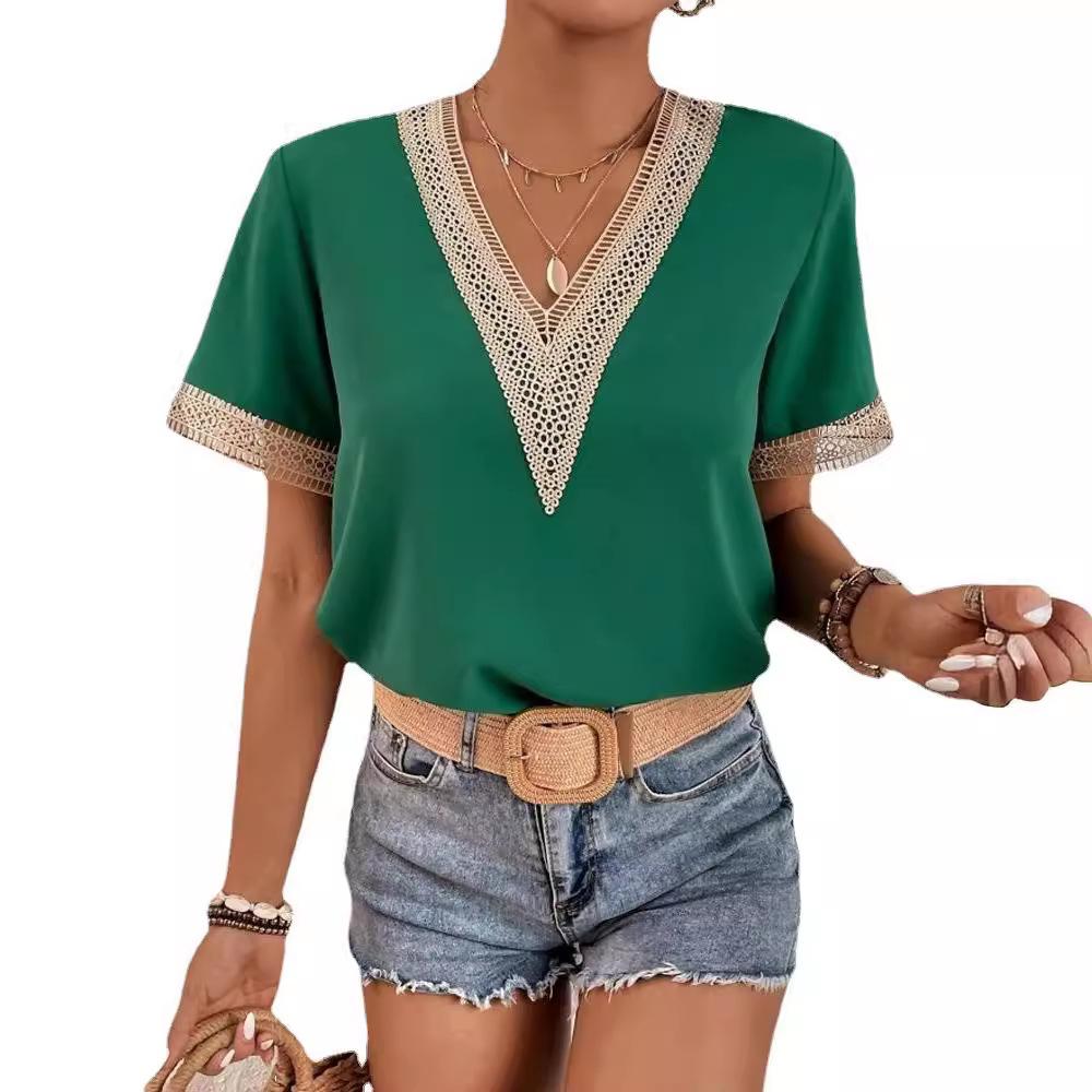 Women's Short Sleeve T-Shirt Summer Solid Color Slim Fit Pullover Female Basic Tees V Neck Lace Tops Y2k Clothes Street Wear