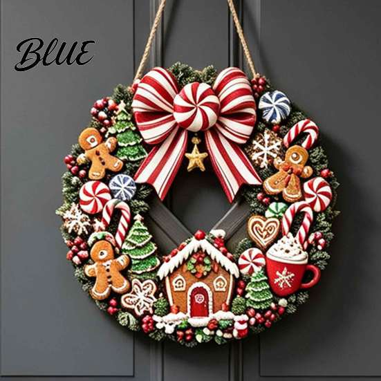 Christmas Gift for Home Gingerbread Man Wreath Wooden Sign Front Door Retro Hanging Plaque with Holiday Theme Wall Candy Cane Bow And House